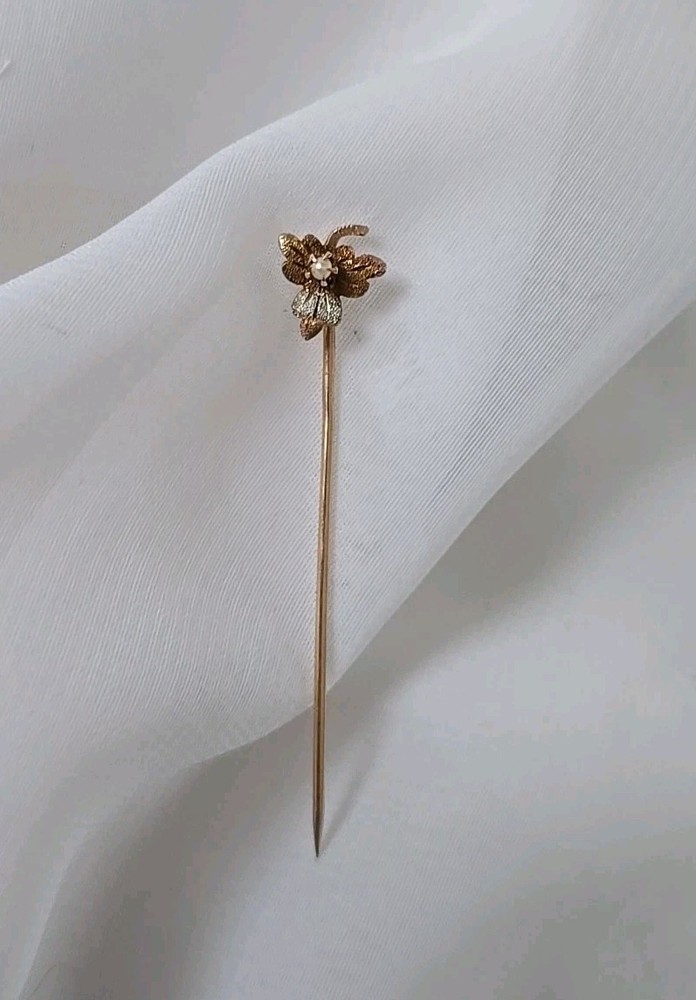 Tri Color 10k Gold Grape Leaf Stick Pin With Seed Pearl