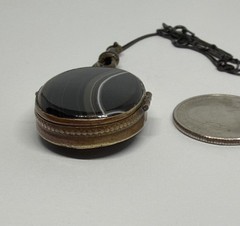 Victorian Double Sided Oval Banded Agate & Agate Locket Pendant Necklace 18”