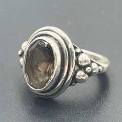 Sterling Silver Artisan Oval Shaped Bezel Set Smoky Quartz Stone Ring Sz 7.75