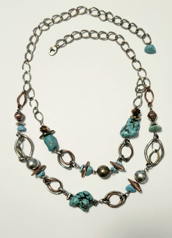 Vintage 2-Strand Silvertone Necklace 25″ w/Howlite, Copper & Faceted Beads