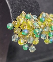 Vintage Vogue Signed Dangle Earrings Green Yellow Beaded Cluster Gold Tone 40mm