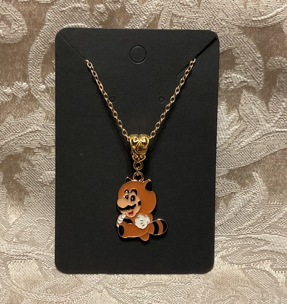 Cartoon Mario Raccoon Suit Video Game Gold Enamel Bohemian Trendy Necklace 18”