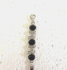 ADMARK, NEW OLD STOCK, SIX ONYX BRACELET WITH SAFETY CHAIN 12K GOLD FILLED ADM60