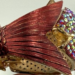 Vintage Fish Clamper Cuff Bracelet Red Pink AB Rhinestone Enamel Statement