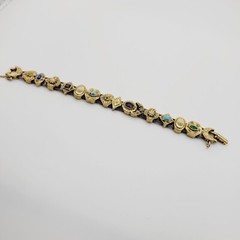 Vintage Signed Goldette NY Multiple Gemstones Safety Chain Slide Charm Bracelet