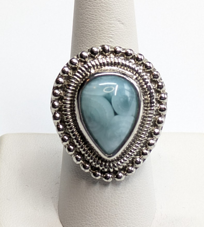 Blue Stone Teardrop Cocktail Beaded Edge Statement Ring Sz 8.25 Silver Tone