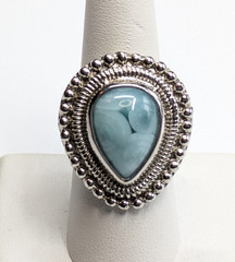 Blue Stone Teardrop Cocktail Beaded Edge Statement Ring Sz 8.25 Silver Tone