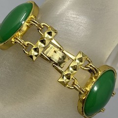Gold Tone Link Bracelet Green Acrylic Cabochon Wide Fold Over Clasp Retro 6.25″