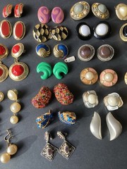 VTG Clip On Earrings Lot Of 24 Gold Silver Tone Mix Materials Multi Color 60-80s