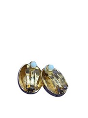 Vintage 80s Goldtone Oval Clip On Earrings White Cabochon 7/8 inch