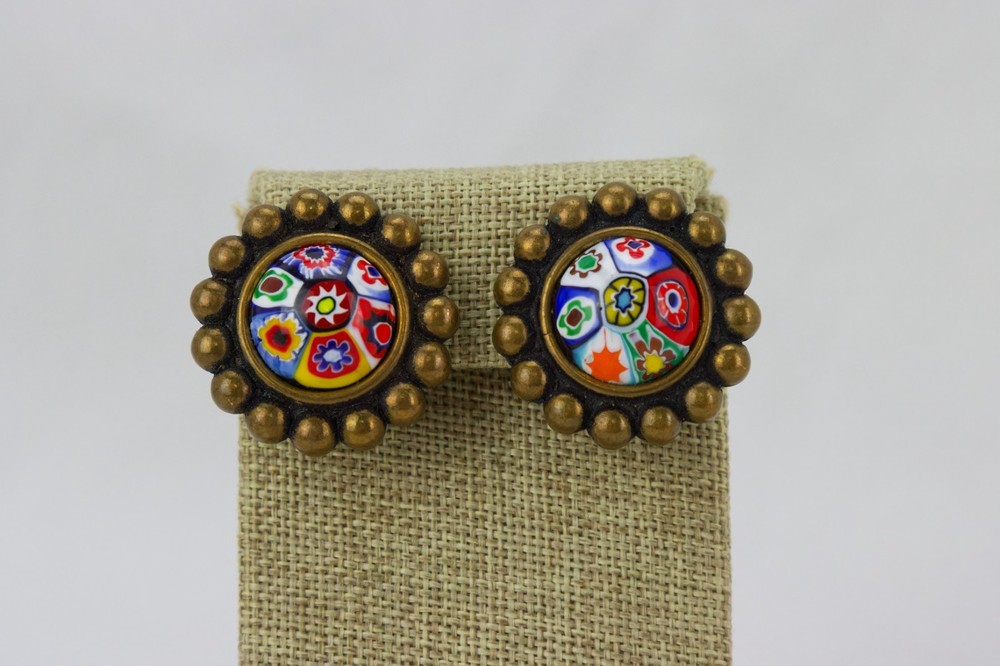 Murano/Millefiori Glass Inset Brass Clip-on Earrings, 21gr
