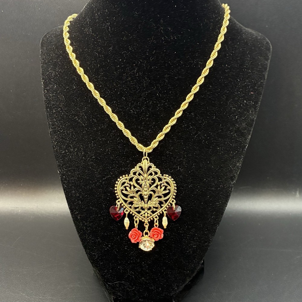 Vintage 1980s Filigree Heart with Crystals & Roses CUSTOM O-o-a-K Assemblage