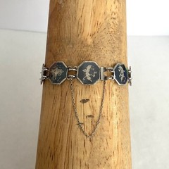 VTG Siam Sterling Silver 925 Niello Black Enamel Panel Bracelet 6.75″