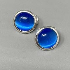 Vtg Stud Button Earrings Silver Tone Metal Blue Moonglow Cabochons Clip On Retro