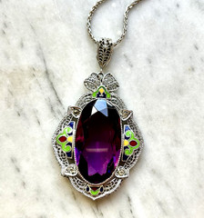 Deco Purple Glass & Multicolor Enamel Filigree Pendant Signed Helgen 17.75”Huge