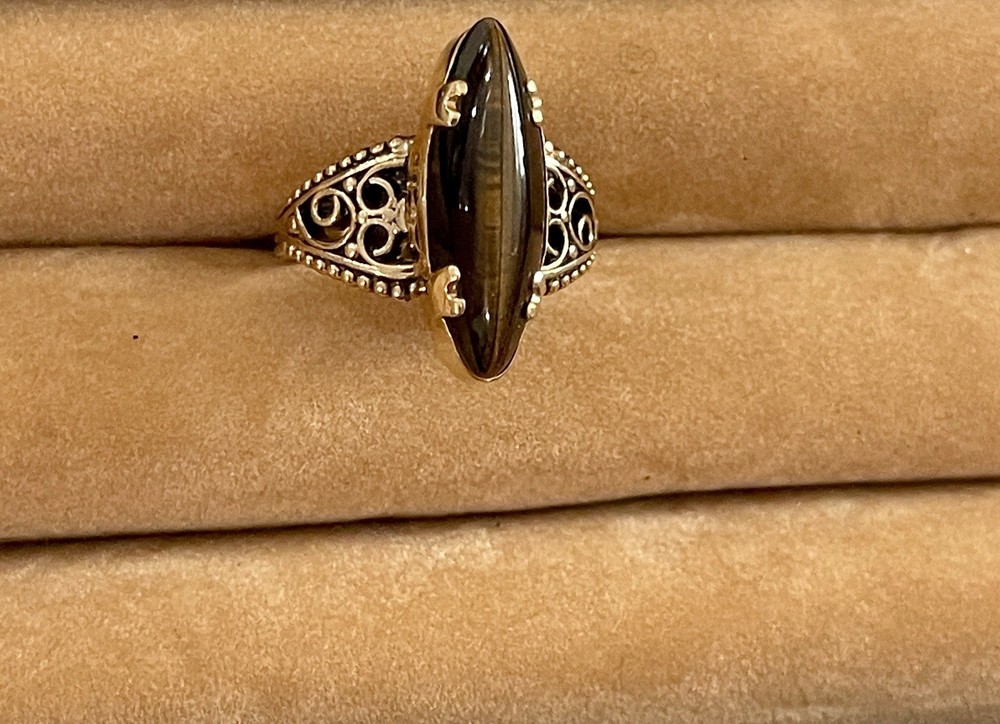 Vintage 18K HGE Tigers Eye Statement Cocktail Ring Sz 8 Openwork Filagree Mount