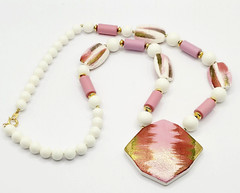 Hand Painted Porcelain Ceramic Pendant Beaded Vintage Necklace 30 Inch Japan
