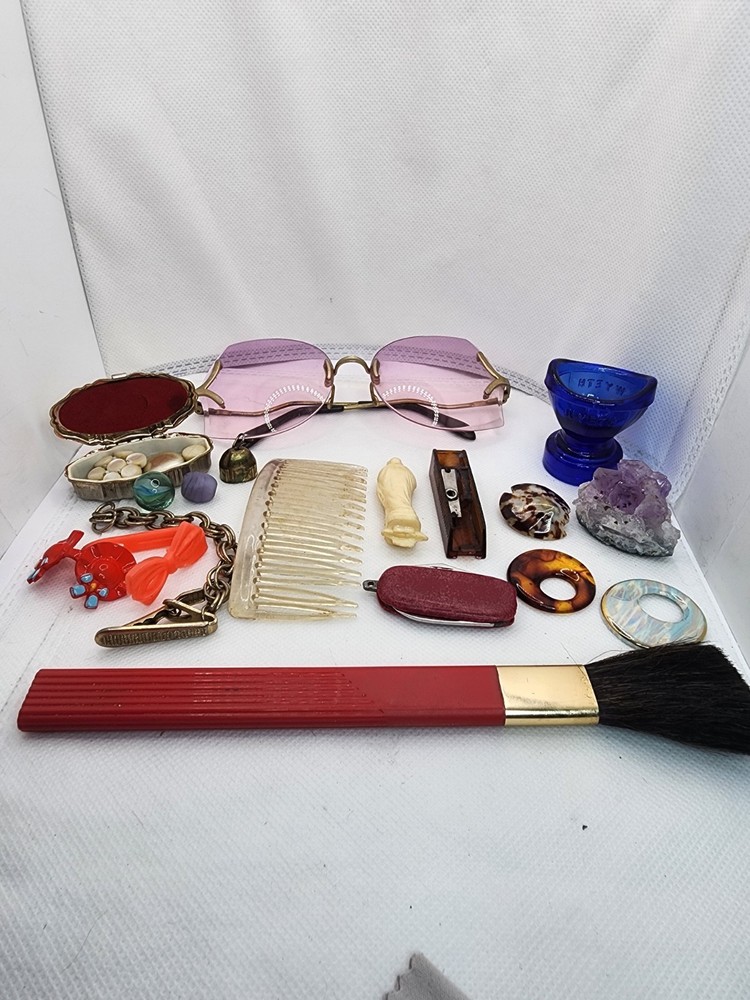 Vintage Grandma Vanity Junk Drawer 1950s to 1970s Cobalt WYETH, Lucite, Buttons