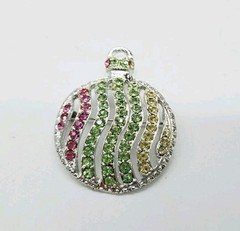 Christmas Ornament Brooch Ball Silver tone Multicolored Crystal Accent 2.25 in