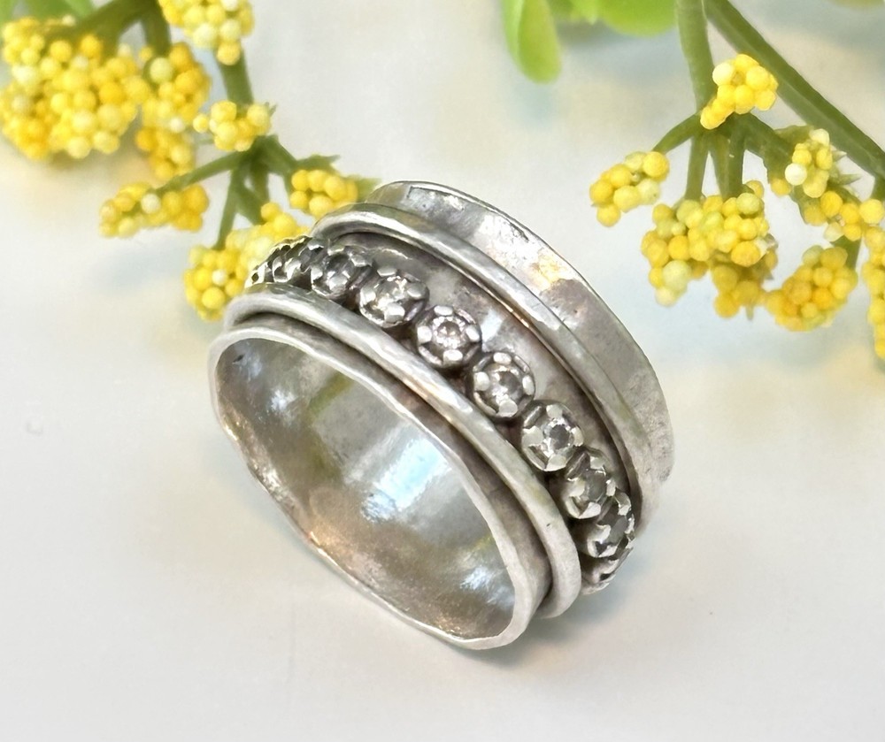 Vtg Sterling Silver 925 CZ 10mm Wide Hammered Spinner Fidget Band Ring Size 6
