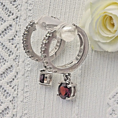 Vintage Sparkling 925 Sterling Silver Red & White CZ Hoop Dangle Charm Earrings