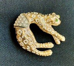 Vtg Florenza Gold Tone Glass Eyes Rhinestone Jaguar Leopard Brooch Pin