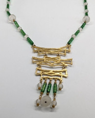 Vintage Chunky Huge Textured Gold Tone Pendant Faux Jade Asian Beaded Necklace