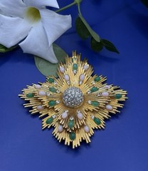 Huge 1960 Jomaz Brooch/Pendant Golden Starburst, Pave’Rhinestones Faux Jade Opal