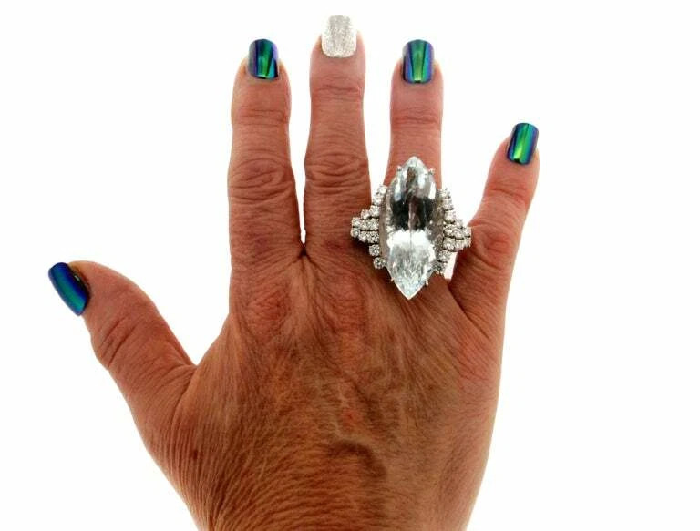 Sparkling Large Marquise Shape 56.00CT Aquamarine With 2.38CT Fine CZ Party Ring