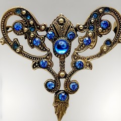 Vintage Victorian Revival Blue Glass Dangle Brooch Moonglow Cabochon Brass Pin