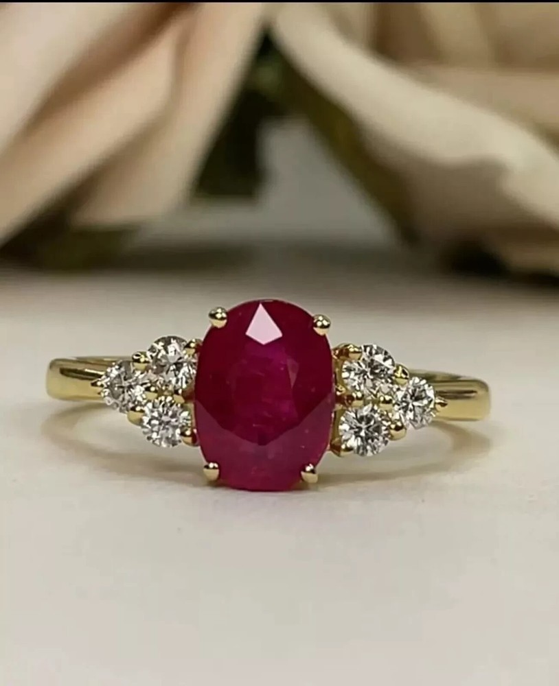2.5Ct Oval Cut Ruby & Lab Created Diamond 14K Gold Finish Engagement Bridal Ring