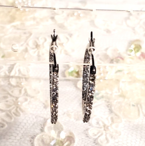 14K White Gold on Solid Sterling Silver 27mm Hoop Earrings Cubic Zirconia Stones