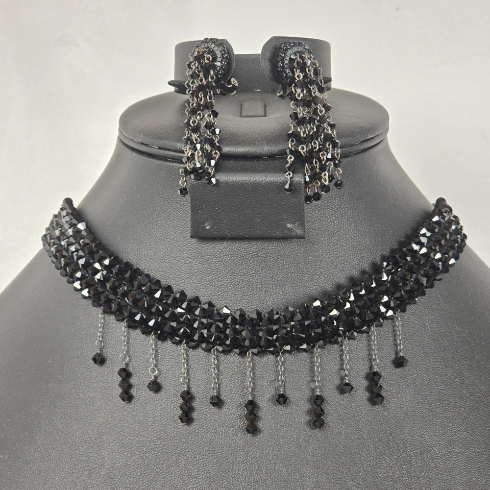Black Crystal Glass Beaded Dangle Clip-On Earrings & Choker Set