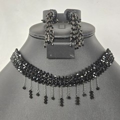 Black Crystal Glass Beaded Dangle Clip-On Earrings & Choker Set