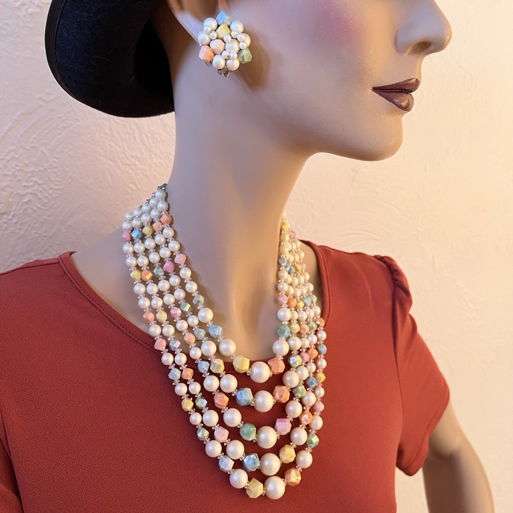 Hong Kong 5 Strand Necklace & Earrings Pastel Yellow Green Peach Blue Pink White