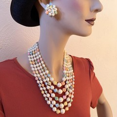 Hong Kong 5 Strand Necklace & Earrings Pastel Yellow Green Peach Blue Pink White
