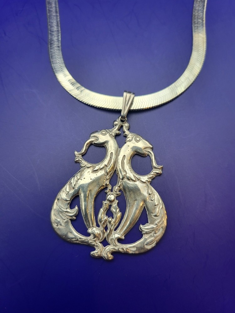 Sterling Silver ITALY 5mm Etched Herringbone Chain Necklace W Dragon Pendant 30g