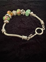 Vintage 8.5” European Charm Bracelet Floral Lampwork Glass Beads Silver Tone