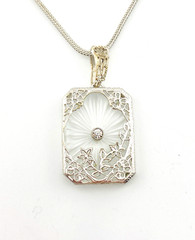 Vintage Camphor Glass Genuine Diamond Pendant Necklace Rhodium Plated Floral