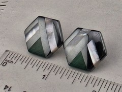 Vintage Hematite Mother of Pearl Malachite Mosaic Hexagon Pierced Earrings