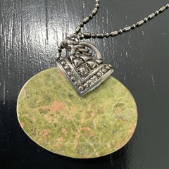 Vintage Unakite Jasper Pendant Necklace Silver Tone 22in 30g