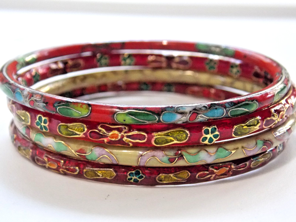 CLOISONNE ( LOT OF 4 ) GLASS FLORAL LEAF VARIOUS COLORS BANGLES BRACELETS