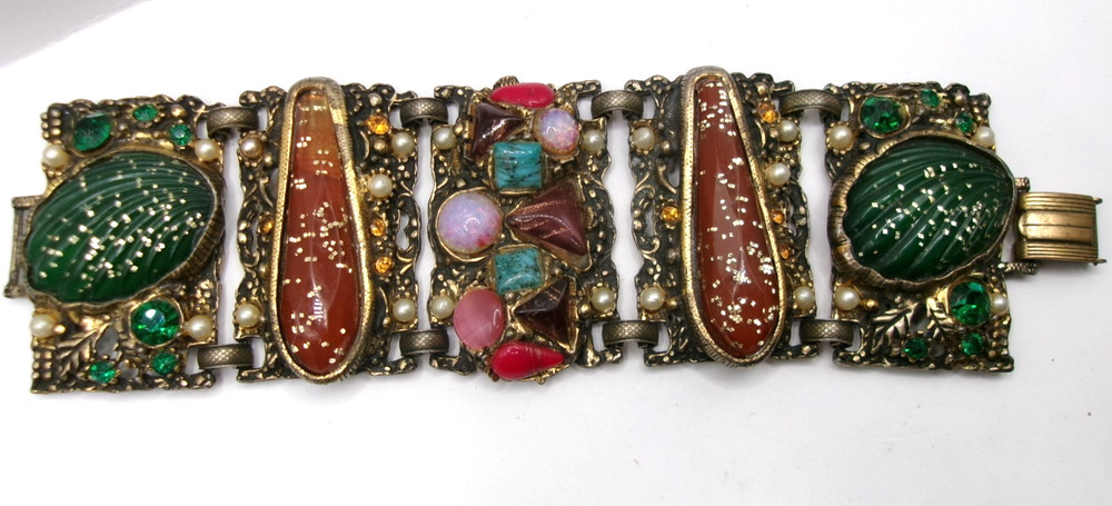 Attributed to Selro Selini Confetti Lucite Panel Bracelet w/Rhinestones, Pearls