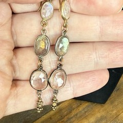 VINTAGE FACETED MOONSTONE RUTILATED & CLEAR QUARTZ LONG DROP DANGLE EARRINGS