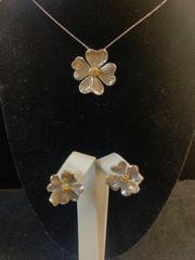 Vtg. MFA STERLING Silver & Detail 14KT Pin / Pendant W/Matching Earrings Flowers