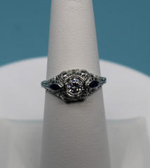 Vintage 18k Diamond and Blue Sapphire Filigree Setting Ring, Size 6