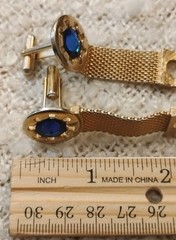 Vintage SWANK Gold Tone Mesh Cuff Links w/Blue Rivoli Stones, Nice!