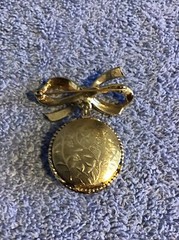 Vtg LOCKET Brooch JEWELED bow PHOTO HOLDER Etched Dangle Lot C