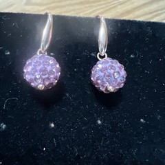 Vintage Pink Crystal Pavé Disco Ball Drop Earrings Silver Tone French Wire Hook
