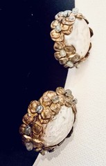 Vintage Miriam Haskell Brass Filigree Faux Pearl Clip On Earrings Mid Century